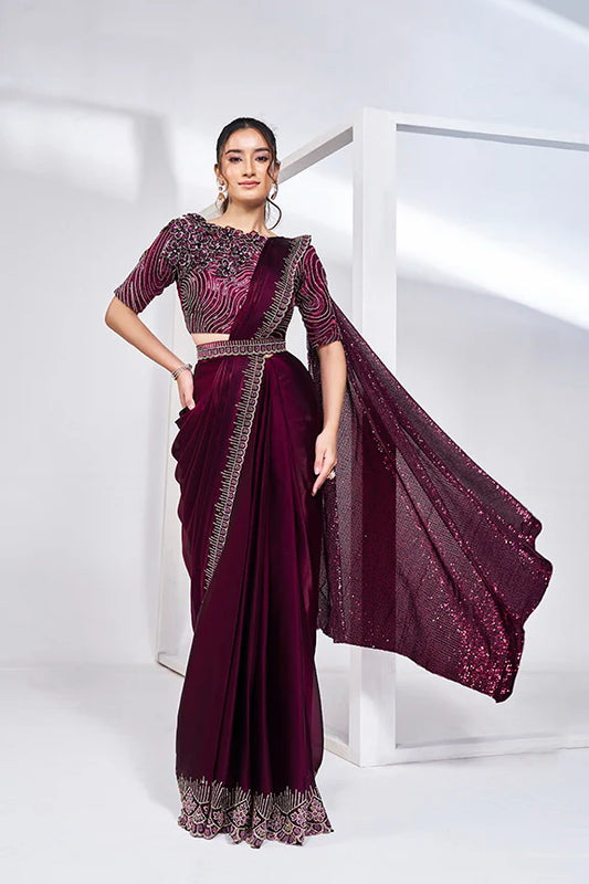 Wine Hand Work Satin Silk Ready to Wear Saree