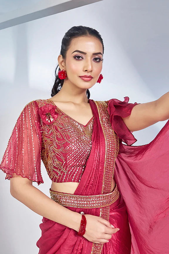 Pink Hand Work Satin Silk Ready to Wear Saree