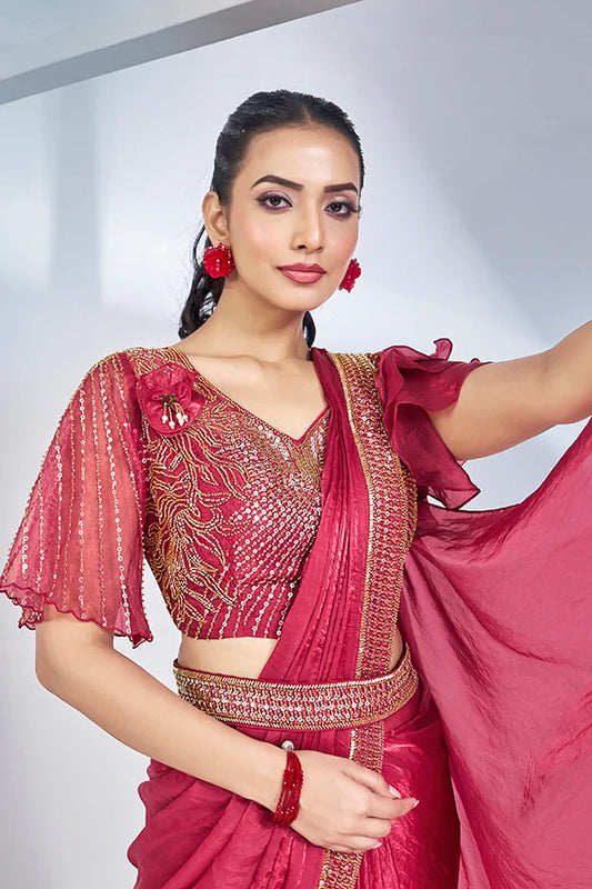 Pink Hand Work Satin Silk Ready to Wear Saree