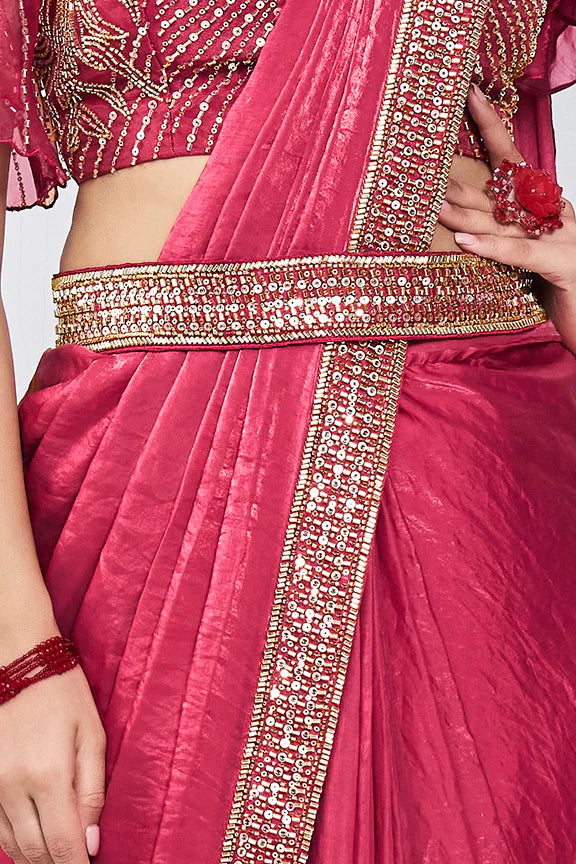 Pink Hand Work Satin Silk Ready to Wear Saree