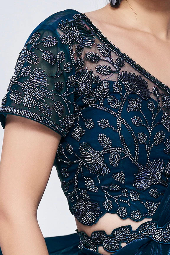Teal Hand Work Satin Silk Ready to wear Saree