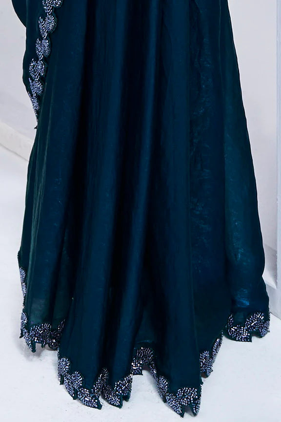 Teal Hand Work Satin Silk Ready to wear Saree