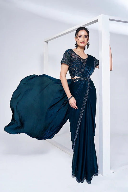 Teal Hand Work Satin Silk Ready to wear Saree