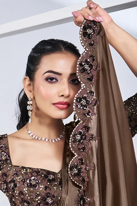 Brown Hand Work Satin Silk Ready to Wear Saree