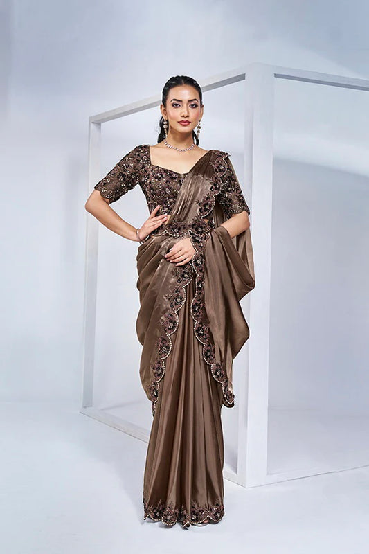 Brown Hand Work Satin Silk Ready to Wear Saree