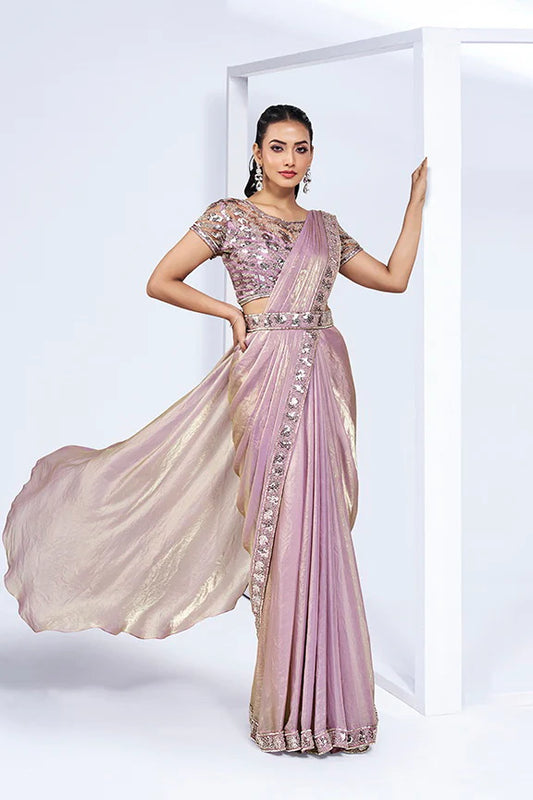 Pink Hand Work Satin Silk Ready to Wear Saree