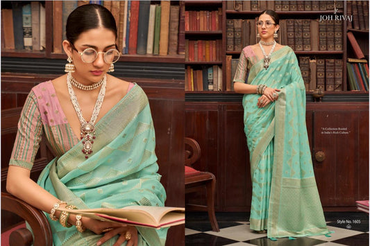 Designer Pastel Green & Pink Semi Silk Saree