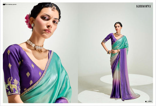 Purple & Aqua Gradient Saree with Purple Embroidered Blouse