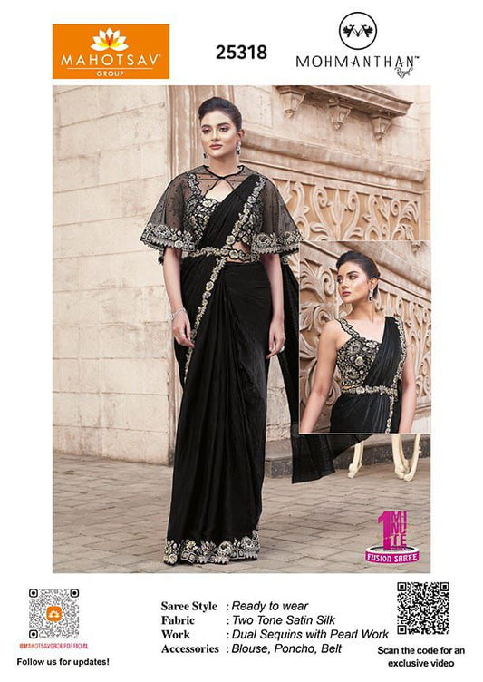 Black Pearl Work Satin Silk Ready to Wear Saree