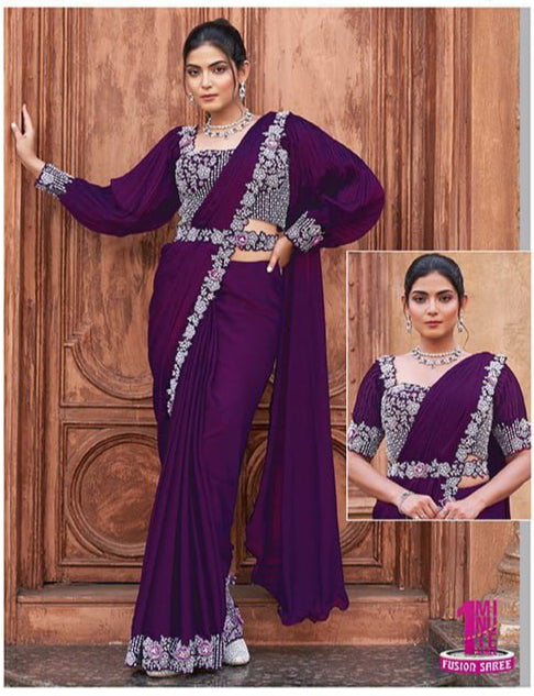 Purple Handwork Crepe Satin Ready to Wear Saree