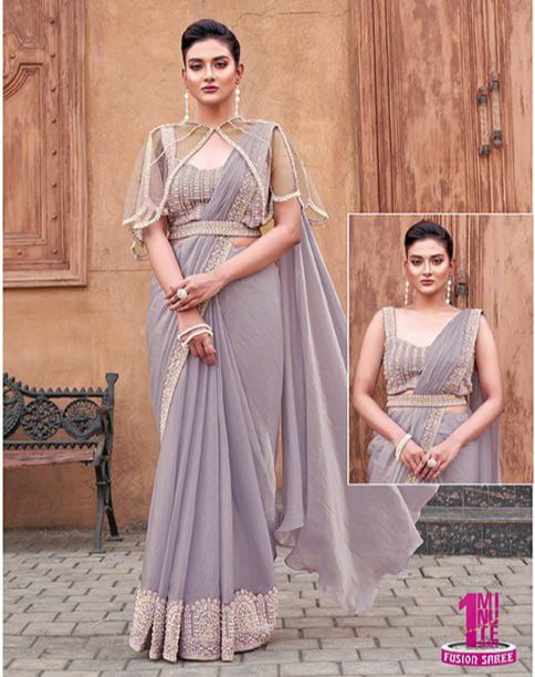 Lavender Pearl Work Satin Silk Ready to Wear Saree