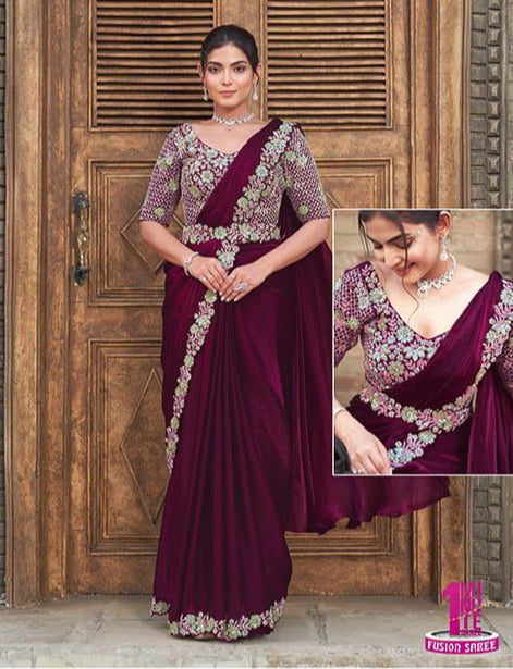 Wine Handwork Satin Silk Ready to Wear Saree