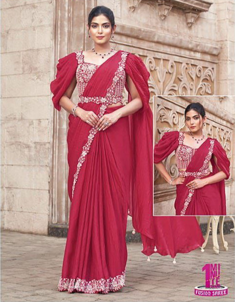 Rani Pink Pearl Work Satin Silk Ready to Wear Saree