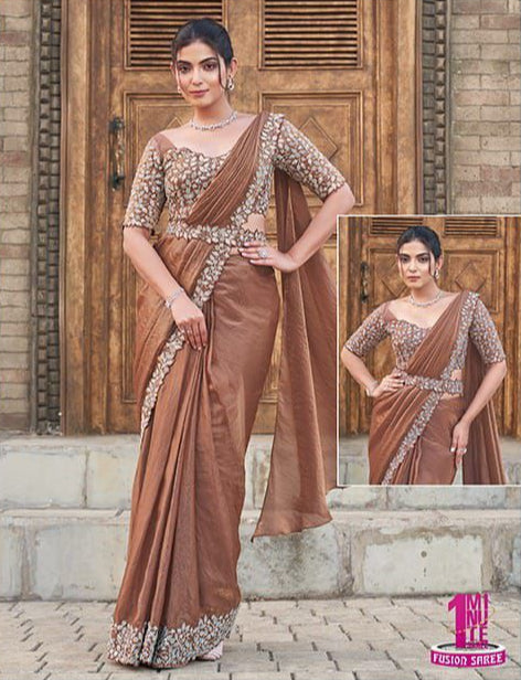 Coffee Brown Pearl Work Satin Silk Ready to Wear Saree