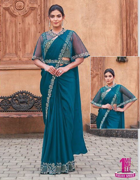 Teal Blue Crepe Satin Ready to Wear Saree with Poncho