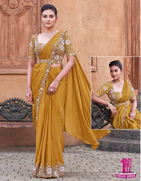 Mustard Pearl Handwork Crepe Satin Silk Ready to Wear Saree