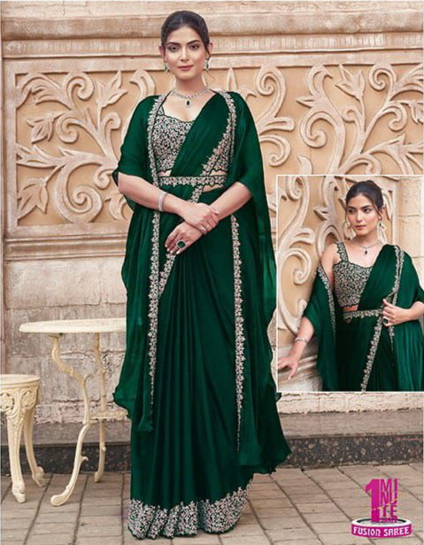 Emerald Green Sequin Handwork Shimmer Chiffon Ready to Wear Saree