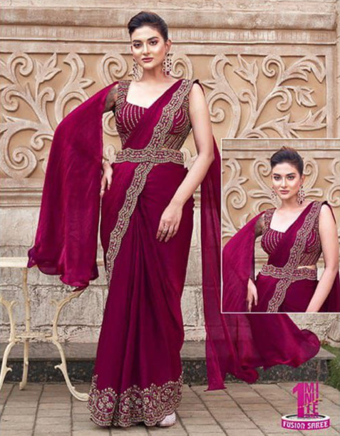 Wine Pearl Handwork Two Tone Satin Silk Ready to Wear Saree