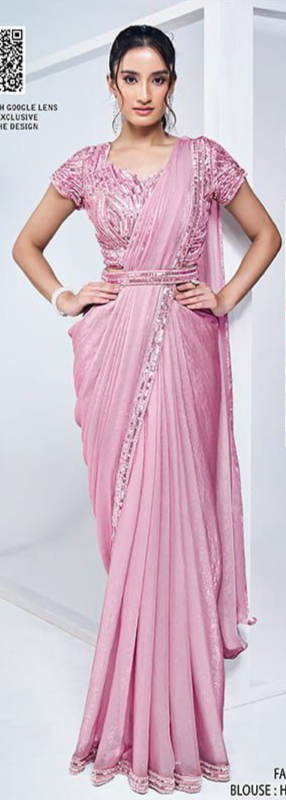 Baby Pink Handwork Two Tone Satin Silk Ready to Wear Saree