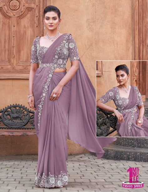 Lavender Pearl Handwork Crepe Satin Silk Ready to Wear Saree