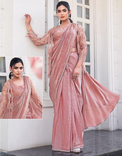 Dusty Rose Beads Handwork Ombre Satin Silk Ready to Wear Saree
