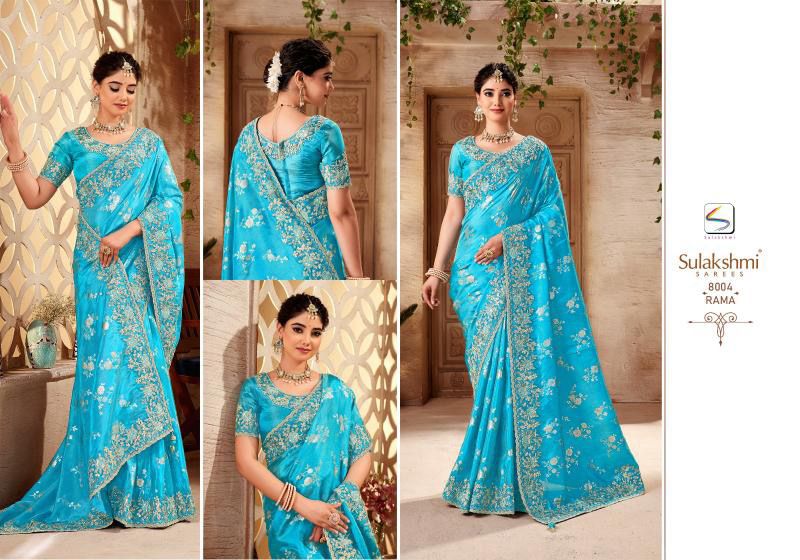Rama Blue Embroidered Satin Silk Saree with Blouse