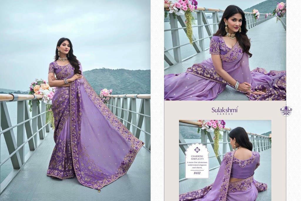 Lavender Satin Silk Saree with Golden Embroidery and Sequin Work