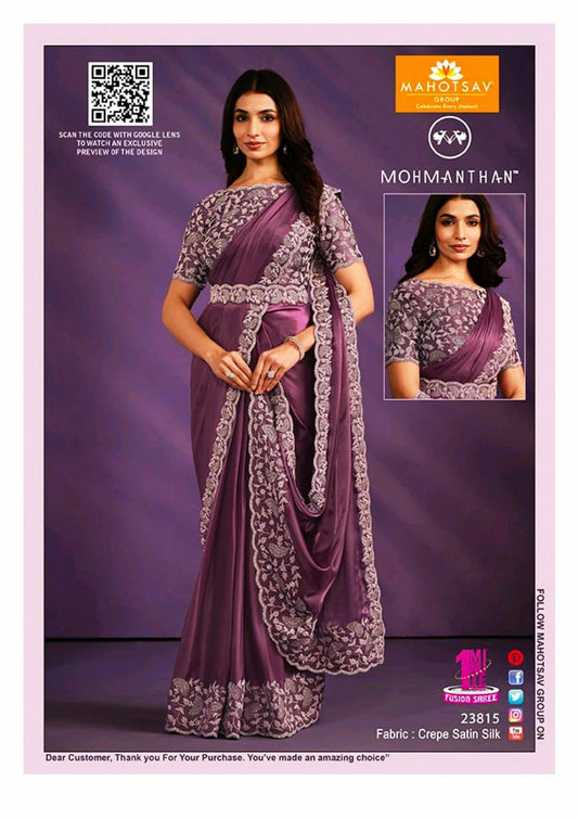Lavender Embroidered Crepe Satin Silk Saree with Belt