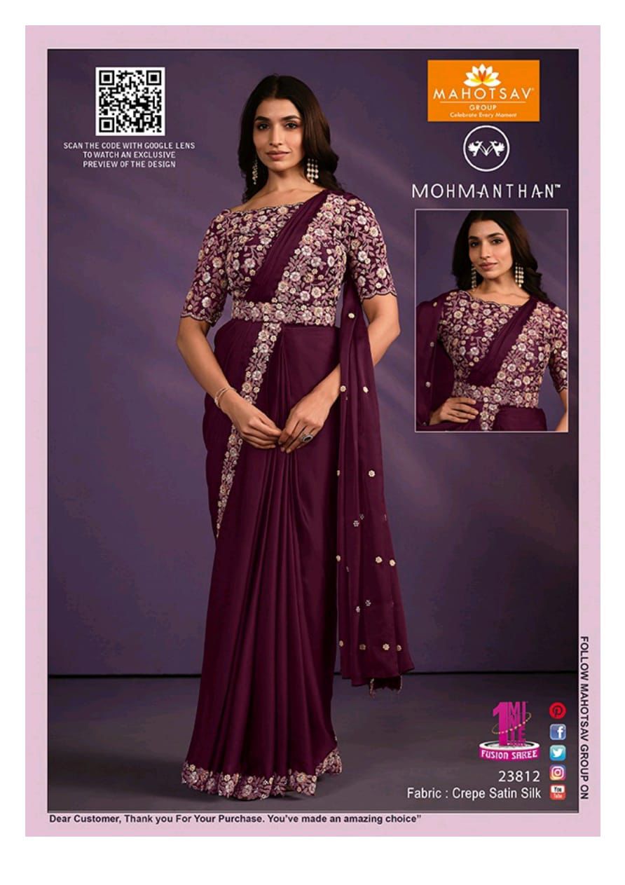 Maroon Floral Embroidered Crepe Satin Silk Saree with Belt