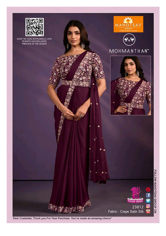 Maroon Floral Embroidered Crepe Satin Silk Saree with Belt