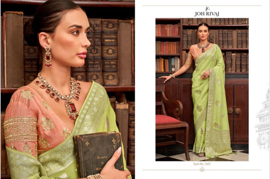 Light Green Banarasi Silk Saree with Zari Motifs