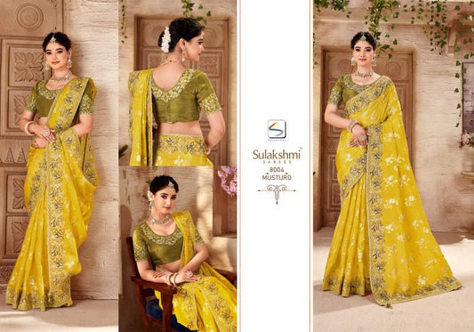 "Elegant Mustard Yellow Embroidered Saree with Olive Green Blouse
